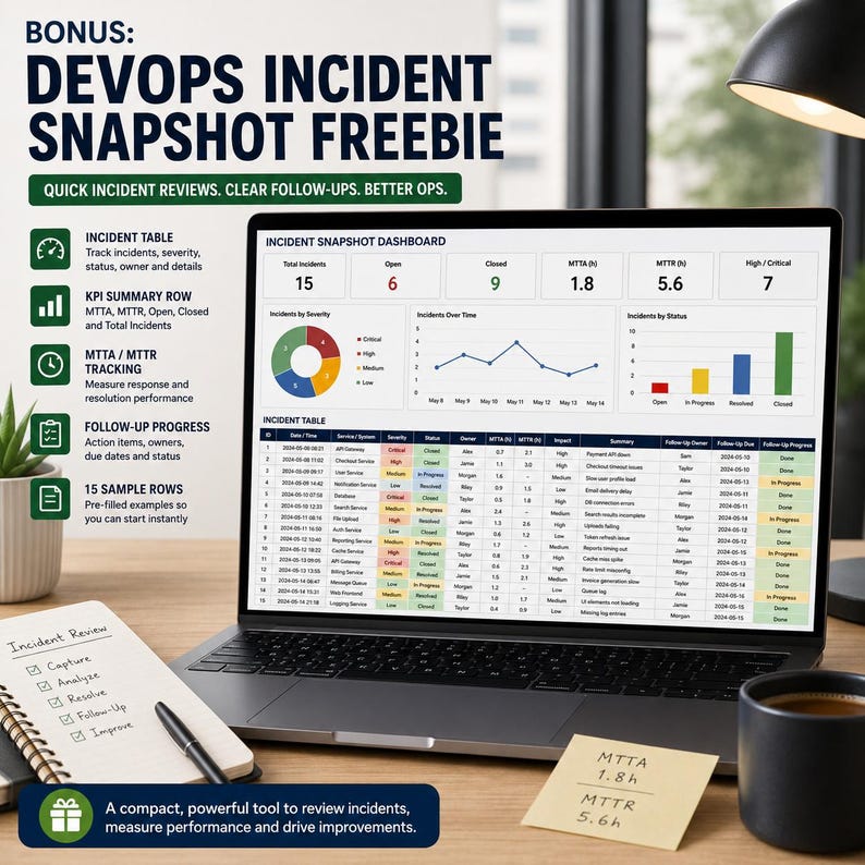 May include: A laptop screen displays an Incident Snapshot Dashboard with metrics, a pie chart, a line graph, and a bar chart. Text includes BONUS: DEVOPS INCIDENT SNAPSHOT FREEBIE, QUICK INCIDENT REVIEWS, CLEAR FOLLOW-UPS, BETTER OPS, and an incident table.