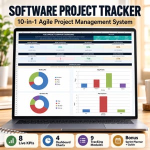 Software Project Tracker Excel | Agile Project Management Dashboard, Sprint Backlog, Bugs, Risks & Release Planner | 10in1 Tech PM Tool