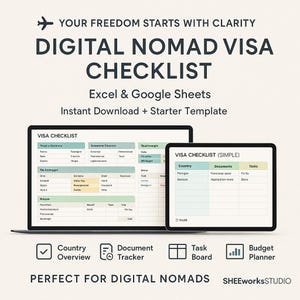May include: A digital nomad visa checklist displayed on a laptop and tablet. The checklist includes sections for country overview, document tracker, task board, and budget planner. Text on the image reads "DIGITAL NOMAD VISA CHECKLIST" and "Excel & Google Sheets."