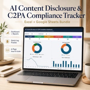 K&ouml;nnte beinhalten: Ein Laptop-Bildschirm zeigt ein Dashboard zur KI-Inhaltsoffenlegung und C2PA-Compliance-Nachverfolgung als Excel- und Google Sheets-Paket. Die Benutzeroberfl&auml;che enth&auml;lt Datendiagramme, Compliance-Statusringe und monatliche Asset-Grafiken.
