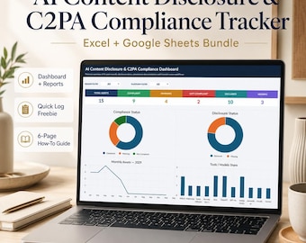 Könnte beinhalten: Ein Laptop-Bildschirm zeigt ein Dashboard zur KI-Inhaltsoffenlegung und C2PA-Compliance-Nachverfolgung als Excel- und Google Sheets-Paket. Die Benutzeroberfläche enthält Datendiagramme, Compliance-Statusringe und monatliche Asset-Grafiken.