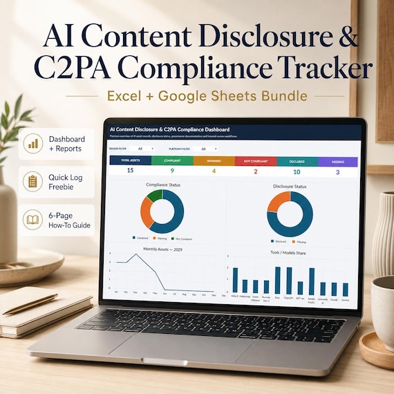 Offenlegungspflichten für KI-Inhalte + C2PA Compliance Tracker | Excel & Google Sheets | Ki-Content-Tracker + Schnellprotokoll + Pdf Guide