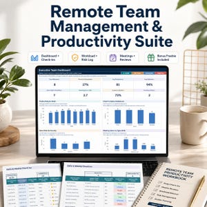 Könnte beinhalten: Eine digitale Suite für Remote-Teammanagement und Produktivität auf einem Laptop-Bildschirm, mit einem Dashboard, Diagrammen und Tabellen. Gedruckte Arbeitsbücher mit täglichen und wöchentlichen Check-in-Protokollen liegen davor.
