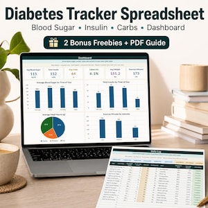 Diabetes Tracker Spreadsheet Excel Google Sheets | Blood Sugar Insulin Carb Log | Dashboard + 2 Bonus Logs
