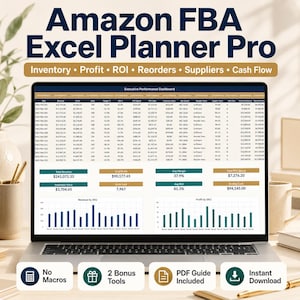 Pode incluir: Um laptop exibindo uma planilha do Excel intitulada "Amazon FBA Excel Planner Pro". A tela mostra dados financeiros, gráficos e o texto "Inventory, Profit, ROI, Reorders, Suppliers, Cash Flow". Ícones indicam "No Macros", "2 Bonus Tools" e "Instant Download".