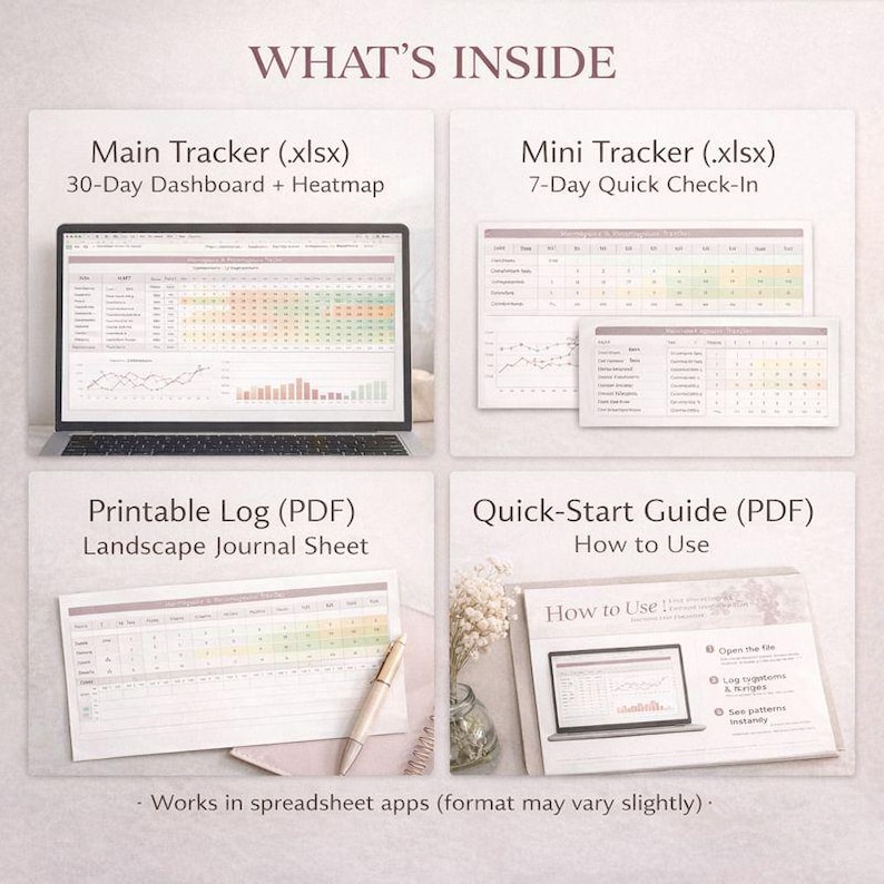 Menopause & Perimenopause Tracker Spreadsheet | HRT Symptom + Trigger Log | 30-Day Charts and Heatmap image 2