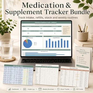 Pode incluir: Um pacote digital de rastreamento de medicamentos e suplementos exibido na tela de um laptop, apresentando um painel com gráficos, um registro de ingestão, um planejador semanal e um rastreador de estoque e reposição.