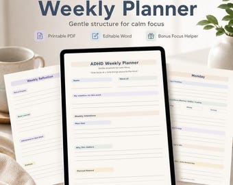 ADHD Weekly Planner Printable PDF & Editable Word | Focus Tracker, Dopamine Log, Self Care Journal, Brain Dump and Bonus Focus Helper