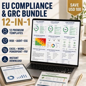 Op de afbeelding: Een laptop toont dashboards en grafieken met betrekking tot EU-compliance en GRC. De afbeelding bevat een tablet, afgedrukte documenten en de tekst "EU Compliance & GRC Bundle 12-in-1" en "Instant Download".