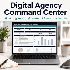 Könnte beinhalten: Ein Laptop zeigt ein Digital Agency Command Center KPI-Dashboard mit Datentabellen, Balkendiagrammen und einem Kreisdiagramm. Der Bildschirm zeigt Kennzahlen wie monatlich wiederkehrende Einnahmen, aktive Kunden und Kampagnenausgaben. Der Text Digital Agency Command Center erscheint über dem Bildschirm mit Symbolen für CRM, Budgets, Kampagnen, Retainer und Aufgaben + KPIs.