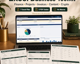 Business Toolkit Bundle Excel | Freelancer Finance Dashboard, KPI Tracker, Project Planner, Invoice, Time & Crypto Tracker