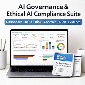 Pode incluir: Um laptop exibe um painel com visualizações de dados e gráficos. O texto "AI Governance & Ethical AI Compliance Suite" é visível. Um brinde bônus e um guia estão ao lado.