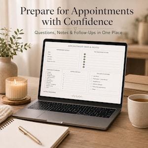 Puede incluir: Una pantalla de port&aacute;til muestra una plantilla de planificador digital Appointment Prep & Notes con secciones para detalles de citas, preguntas, s&iacute;ntomas, notas y acciones de seguimiento. El texto Prepare for Appointments with Confidence es visible.
