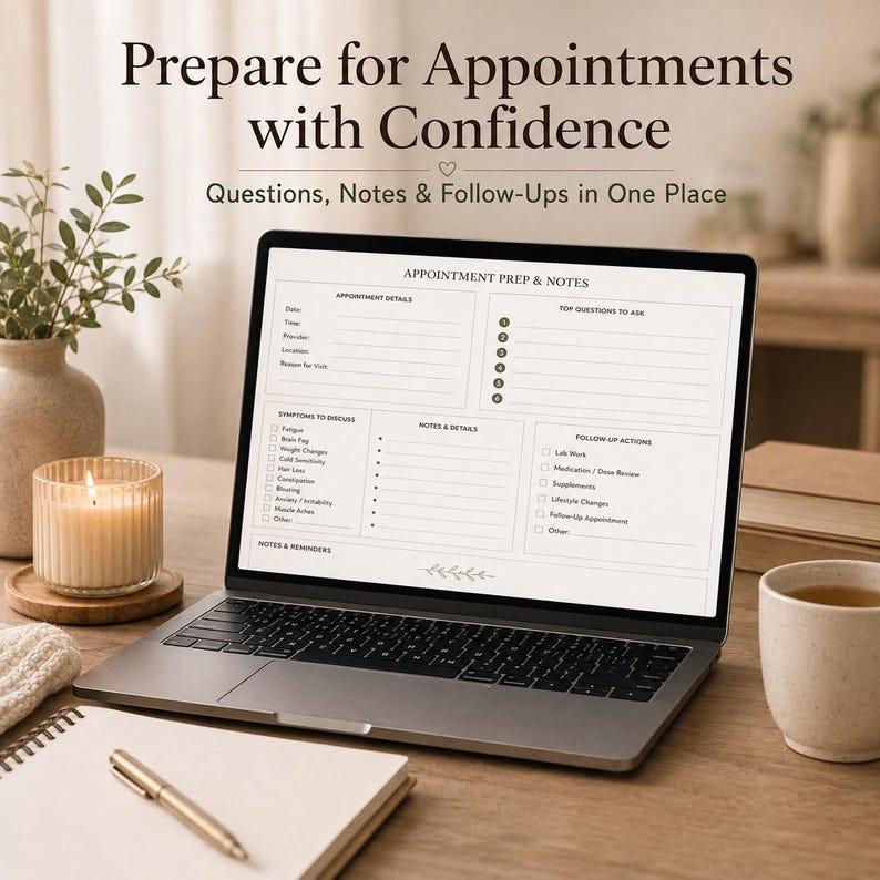 Puede incluir: Una pantalla de port&aacute;til muestra una plantilla de planificador digital Appointment Prep & Notes con secciones para detalles de citas, preguntas, s&iacute;ntomas, notas y acciones de seguimiento. El texto Prepare for Appointments with Confidence es visible.