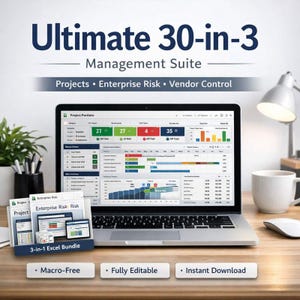 30-in-3 Project, Risk & Vendor Management Suite • Excel Bundle • Portfolio Tracker • ERM System • Supply Chain Risk Dashboard