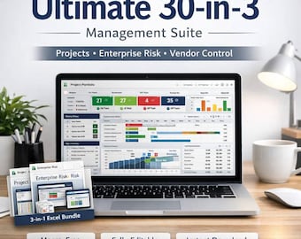 30-in-3 Project, Risk & Vendor Management Suite • Excel Bundle • Portfolio Tracker • ERM System • Supply Chain Risk Dashboard