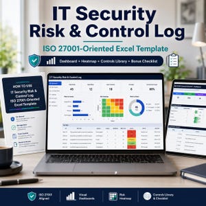 Könnte beinhalten: Ein Laptop und ein Tablet zeigen ein IT-Sicherheitsrisiko- und Kontrollprotokoll, eine ISO 27001-orientierte Excel-Vorlage. Der Laptop-Bildschirm zeigt ein Dashboard mit Diagrammen und einer Heatmap. Der Text "Dashboard + Heatmap + Controls Library + Bonus Checklist".