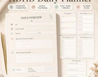 ADHD Daily Planner PDF & Word | 24 Hour Time Blocking, Focus Check-Ins, Habit Tracker, Reflection Journal for Adults and Teens