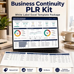 Può includere: Uno schermo di un laptop mostra un dashboard di continuità aziendale con indicatori chiave di performance, informazioni sugli incidenti e una panoramica delle risorse. Il testo "Business Continuity PLR Kit" è in alto. Documenti aggiuntivi sotto.