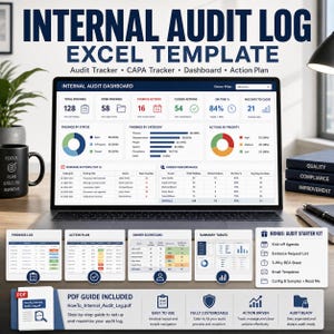 Könnte beinhalten: Ein Laptop zeigt ein Dashboard "INTERNAL AUDIT LOG EXCEL TEMPLATE" mit Diagrammen und Datenvisualisierungen. Das Bild enthält eine schwarze Tasse mit den Worten "FOCUS, PLAN, EXECUTE, IMPROVE" und einen Stapel Bücher.
