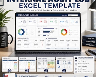 Internal Audit Log Excel Template | Audit Tracker Dashboard | CAPA Action Tracker | Quality Management Spreadsheet