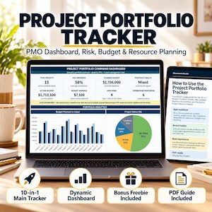 May include: A laptop screen displaying a Project Portfolio Tracker dashboard with data on project progress, budget, and risks, alongside a tablet showing a usage guide. Four circular icons below feature a rocket, bar chart, gift, and document.