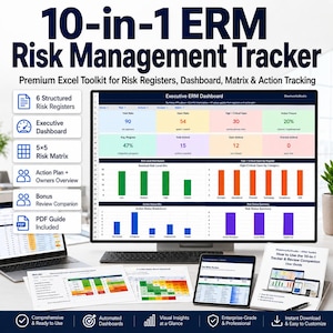 Puede incluir: Una pantalla de ordenador que muestra la herramienta Excel "10-en-1 ERM Risk Management Tracker". La imagen muestra visualizaciones de datos, gráficos y tablas. También se ven documentos adicionales y una tableta, con el texto "Premium Excel Toolkit".