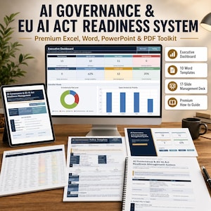 Op de afbeelding: AI Governance & EU AI Act Readiness System toolkit met een computermonitor die een executive dashboard toont, een tablet en geprinte documenten, waaronder beleidssjablonen en managementgidsen voor compliance en risicobeheer.