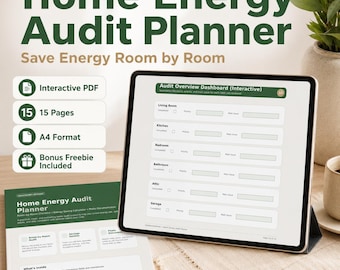 以下が含まれることがあります： 「Home Energy Audit Planner」と「Save Energy Room by Room」のテキストが入ったタブレット上のデジタルホームエネルギー監査プランナー。インタラクティブPDF、15ページ、A4フォーマット、ボーナス特典が含まれています。