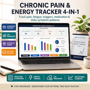 May include: A laptop displays a "Chronic Pain & Energy Tracker 4-in-1" dashboard with charts and graphs. The image includes a guide, a pen, and a coffee cup. The text highlights features like tracking pain, fatigue, and medication, and includes the phrase "Stay Organized."