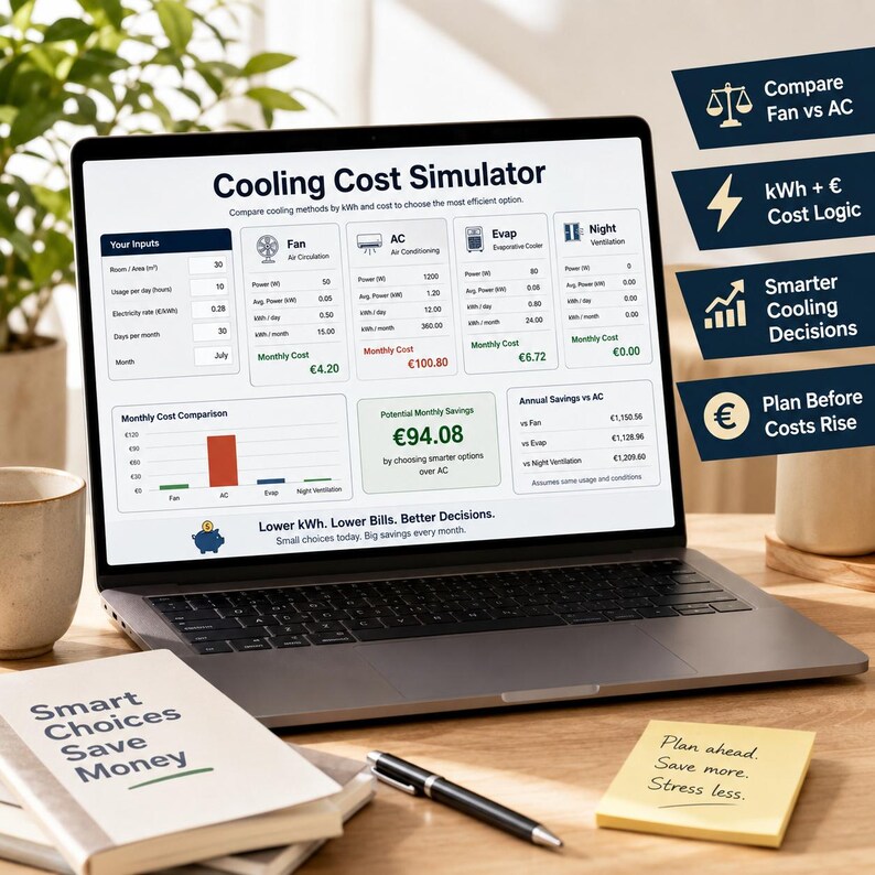 May include: A laptop displays a "Cooling Cost Simulator" with data visualizations comparing cooling methods. Beside the laptop are a book titled "Smart Choices Save Money", a pen, a coffee cup, and a sticky note that says "Plan ahead. Save more. Stress less."