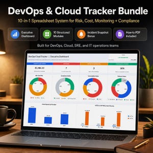 Puede incluir: Una pantalla de portátil que muestra el DevOps & Cloud Tracker Bundle, un sistema de hoja de cálculo 10 en 1 para riesgos, costes, seguimiento y cumplimiento. El panel incluye gráficos circulares, de barras y métricas de gasto en la nube.