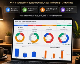 DevOps Cloud Tracker Excel Template | 10-in-1 IT Operations Dashboard, SRE Incident Log, Risk & Compliance Planner