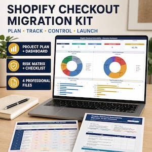 Könnte beinhalten: Ein Shopify Checkout Migration Kit mit einem Laptop, der ein Executive-Dashboard mit Diagrammen und Daten anzeigt, sowie gedruckten Dokumenten, darunter eine Risikomatrix und eine Checkliste für die Projektplanung und -steuerung.