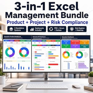 以下が含まれることがあります： 3-in-1 Excel Management Bundleを表示するコンピューターモニター。製品、プロジェクト、リスクコンプライアンスのダッシュボードを紹介しています。画面にはデータ視覚化、チャート、グラフが表示されています。