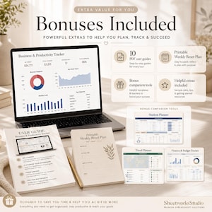 May include: A laptop displays a business and productivity tracker, with additional bonuses like user guides and a weekly reset plan. The image includes a user guide, a notepad, and a pen, all designed to help you achieve more.