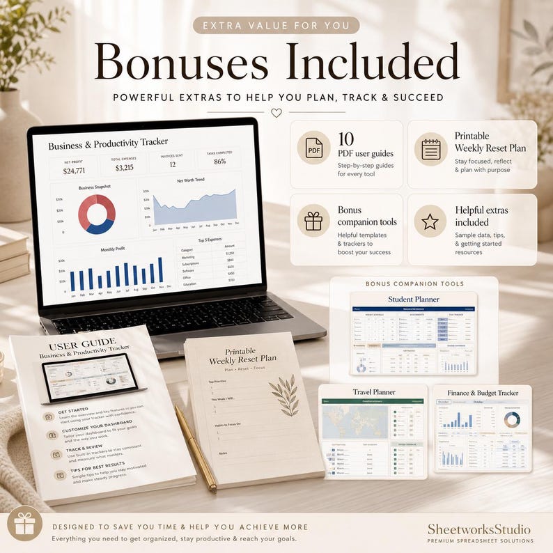 May include: A laptop displays a business and productivity tracker, with additional bonuses like user guides and a weekly reset plan. The image includes a user guide, a notepad, and a pen, all designed to help you achieve more.
