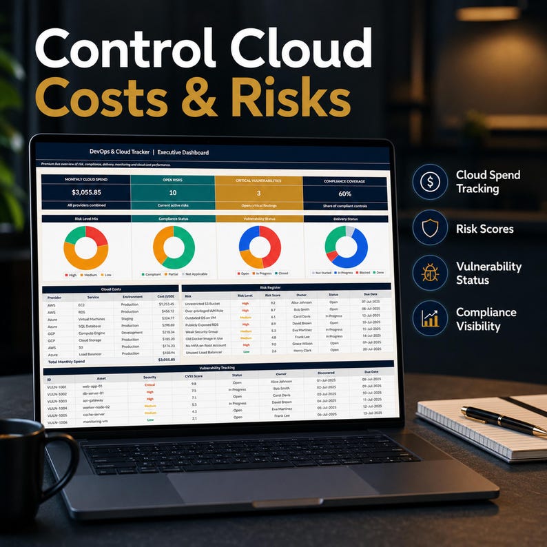 Pode incluir: Uma tela de laptop exibindo um painel executivo do DevOps e Cloud Tracker com tabelas de dados, gr&aacute;ficos de pizza e m&eacute;tricas de gastos em nuvem, riscos e vulnerabilidades. O texto inclui Control Cloud Costs & Risks e &iacute;cones de recursos.