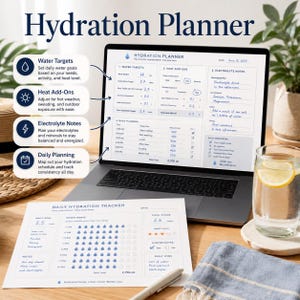 May include: A laptop displaying a "Hydration Planner" with water intake goals, heat add-ons, electrolyte notes, and daily planning sections. A printed daily hydration tracker and a glass of water with lemon are also visible.