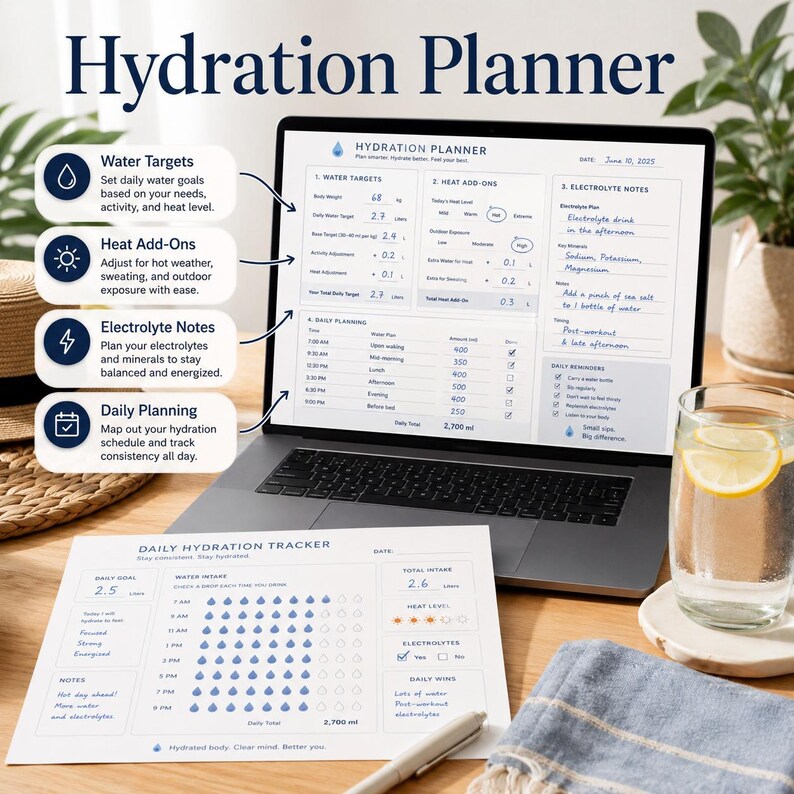 May include: A laptop displaying a "Hydration Planner" with water intake goals, heat add-ons, electrolyte notes, and daily planning sections. A printed daily hydration tracker and a glass of water with lemon are also visible.
