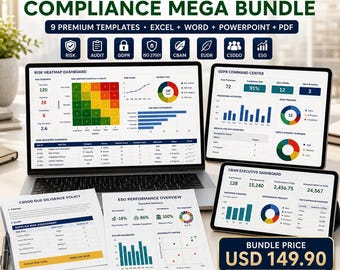 May include: A GRC + ESG Compliance Mega Bundle featuring 9 premium templates in Excel, Word, PowerPoint, and PDF formats. The display includes a laptop and tablet showing risk heatmaps, GDPR command centers, and CBAM dashboards with a price of USD 149.90.