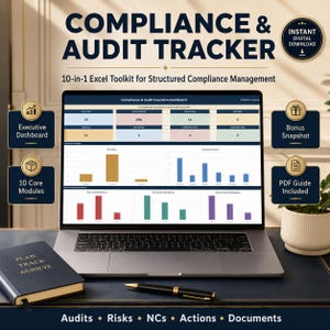 10in1  Compliance Audit Tracker Excel Template | ISO Audit Plan, Risk Register, NC Log, Action Plan, RACI & Dashboard | Google Sheets