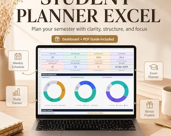 May include: A laptop displaying a student planner Excel spreadsheet with data tables and three colorful pie charts. Text on screen includes STUDENT PLANNER EXCEL, Plan your semester with clarity, structure, and focus, and Dashboard + PDF Guide Included.