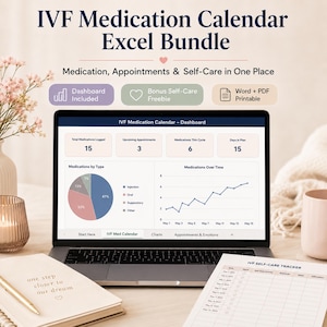 May include: An IVF Medication Calendar Excel Bundle digital product displayed on a laptop screen showing a dashboard with charts, medication logs, and appointment trackers, accompanied by a printed IVF self-care tracker and a notebook.