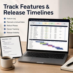 May include: A laptop displaying a Feature Release Tracker and Rollout Planner spreadsheet with a feature log and timeline, alongside a tablet showing Release Notes v1.12.0, a coffee mug, and a notebook on a desk with text Track Features & Release Timelines.