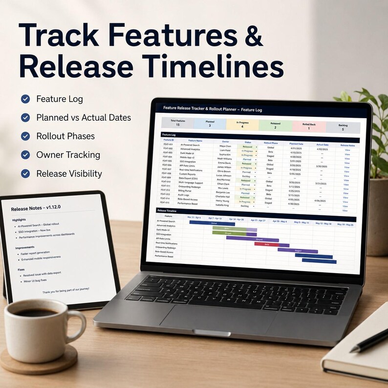 May include: A laptop displaying a Feature Release Tracker and Rollout Planner spreadsheet with a feature log and timeline, alongside a tablet showing Release Notes v1.12.0, a coffee mug, and a notebook on a desk with text Track Features & Release Timelines.