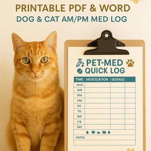 Utskrivbar medicineringsplan för husdjur | Daglig spårning för hundar och katter (förmiddag/eftermiddag) | PDF-mall för dosering och veterinäranteckningar / Engelska
