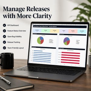 May include: A laptop displaying a Feature Release Tracker and Rollout Planner dashboard with pie charts and bar graphs. The screen shows data for total features, status, and bugs. Text on the left reads Manage Releases with More Clarity.
