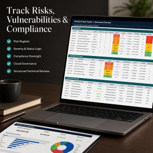May include: A laptop screen displaying a DevOps and Cloud Tracker dashboard with tables for Risk Register, Vulnerability Tracking, and Compliance Tracking. The text reads Track Risks, Vulnerabilities & Compliance with a list of features below.