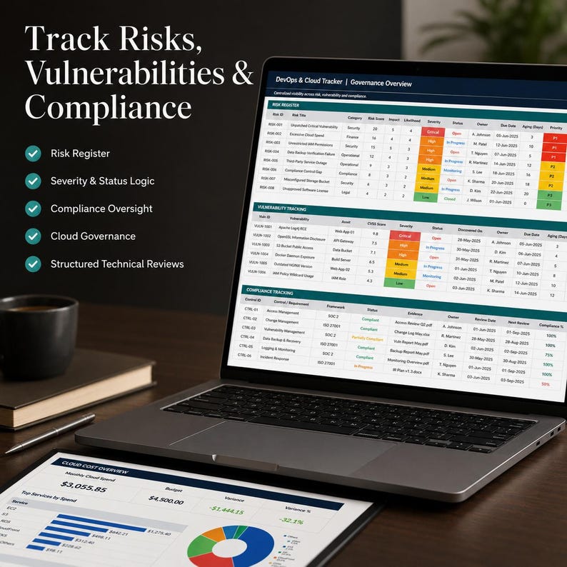 May include: A laptop screen displaying a DevOps and Cloud Tracker dashboard with tables for Risk Register, Vulnerability Tracking, and Compliance Tracking. The text reads Track Risks, Vulnerabilities & Compliance with a list of features below.